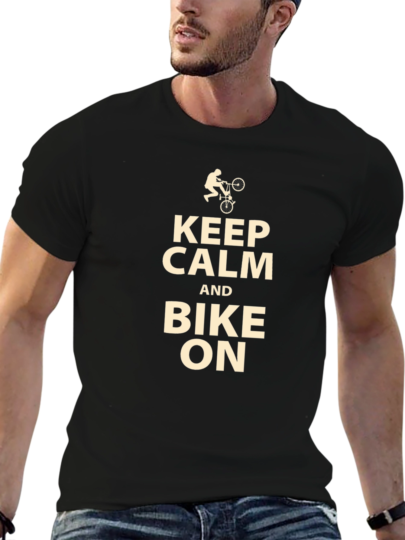 Keep Calm and Bike On Black T-Shirt