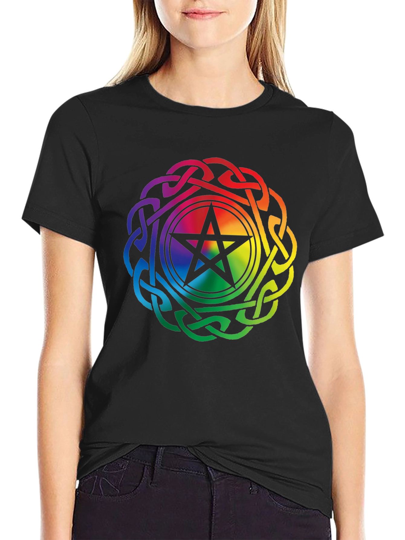 Rainbow Pentacle Celtic Knot Black T-Shirt