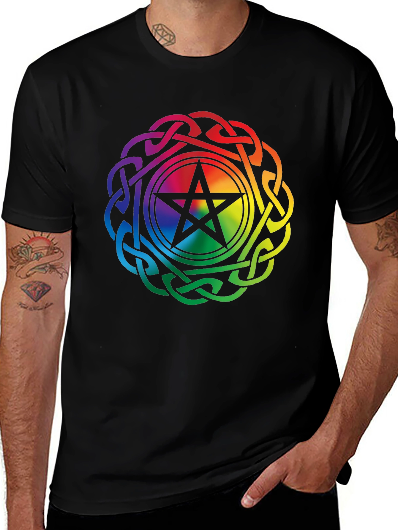 Rainbow Pentacle Celtic Knot Black T-Shirt
