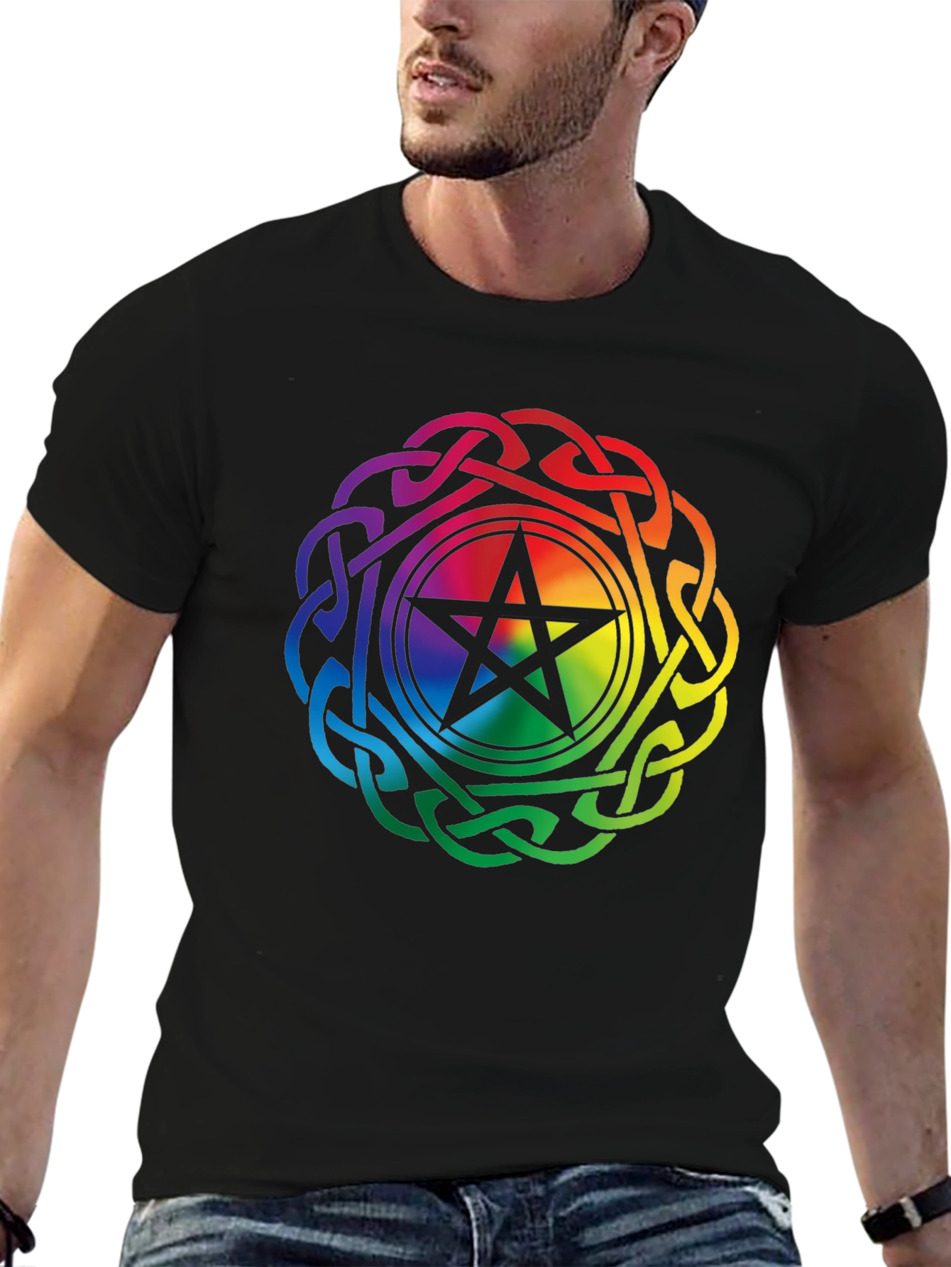 Rainbow Pentacle Celtic Knot Black T-Shirt