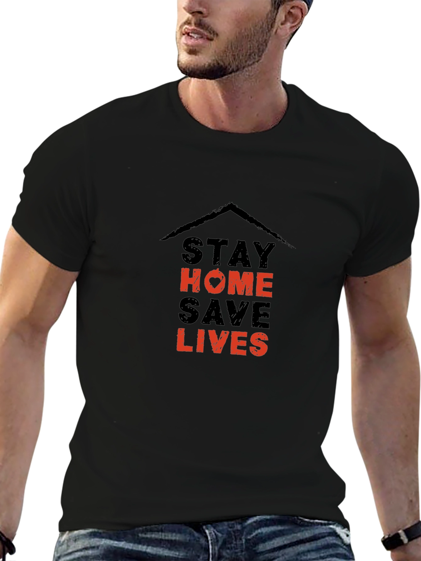 Stay Home Save Lives Black Graphic T-Shirt