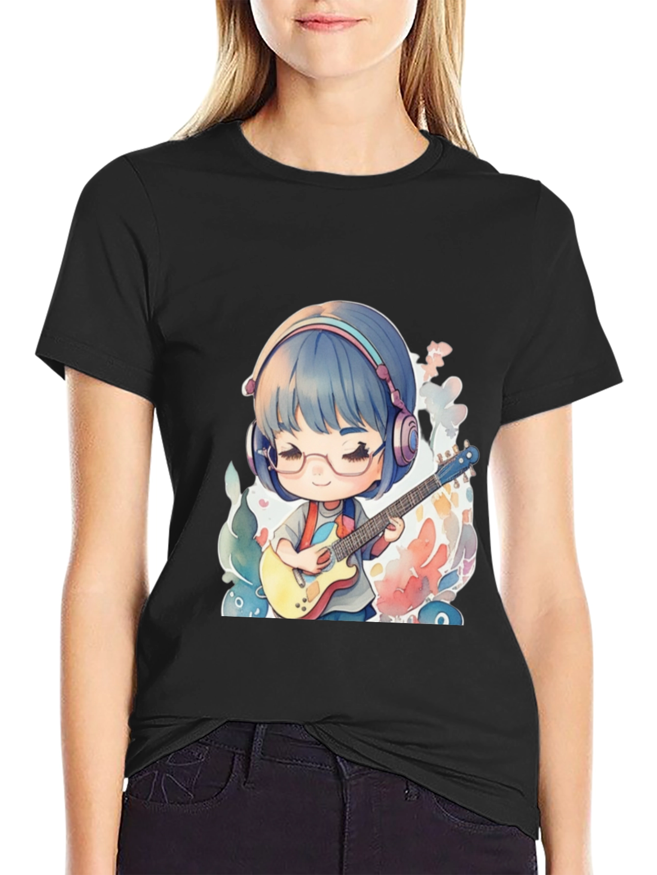 Anime Guitarist Graphic Tee - Black