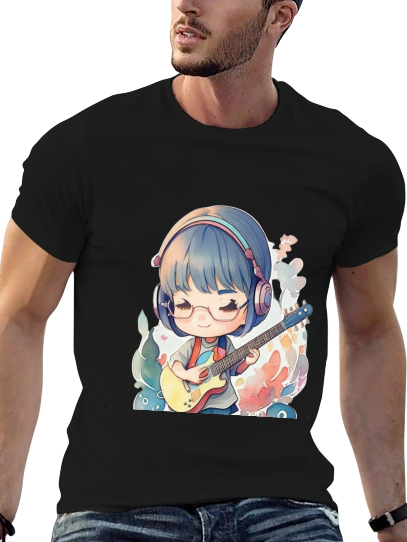 Anime Guitarist Graphic Tee - Black