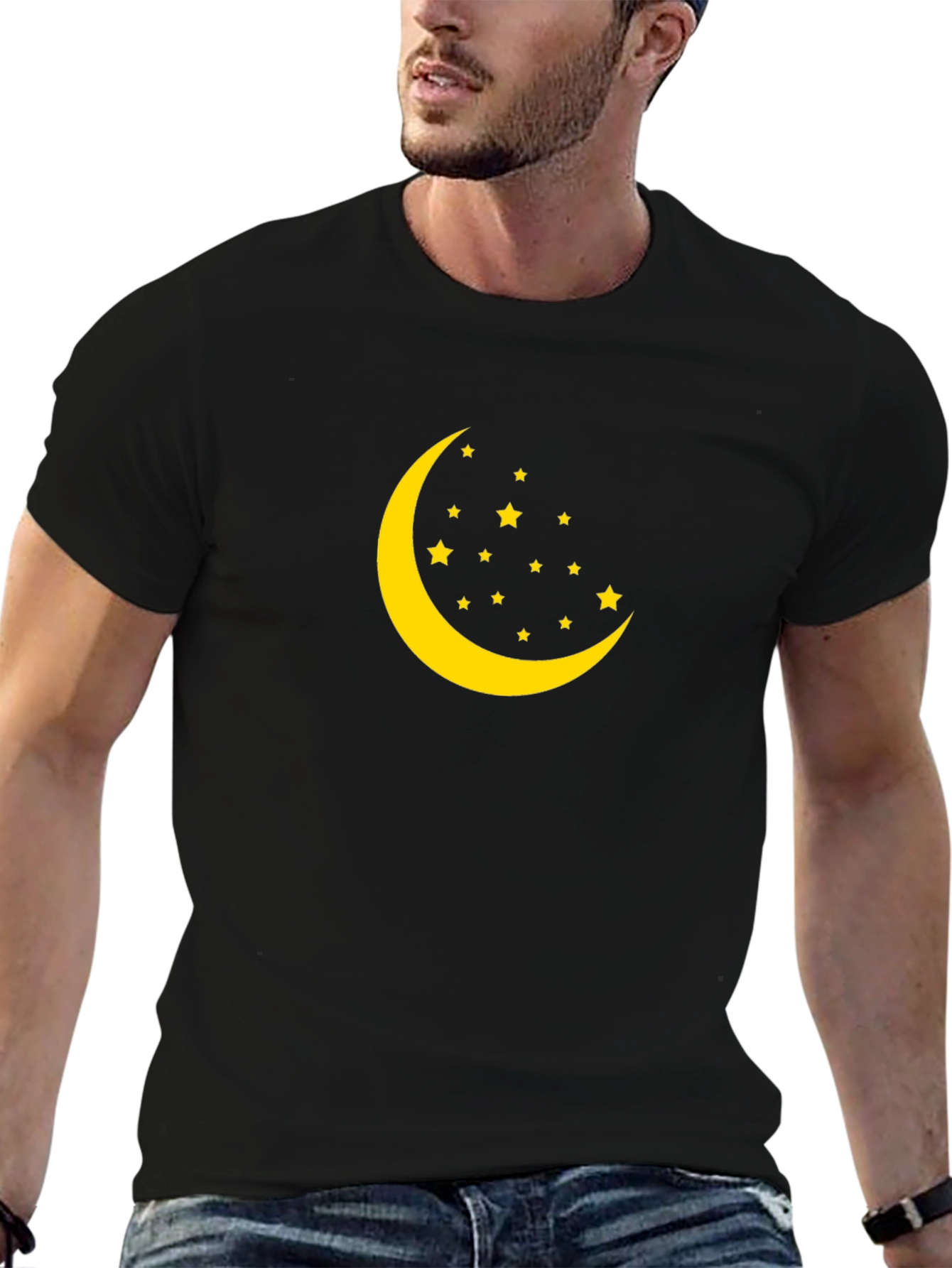 Crescent Moon and Stars Graphic Black T-Shirt