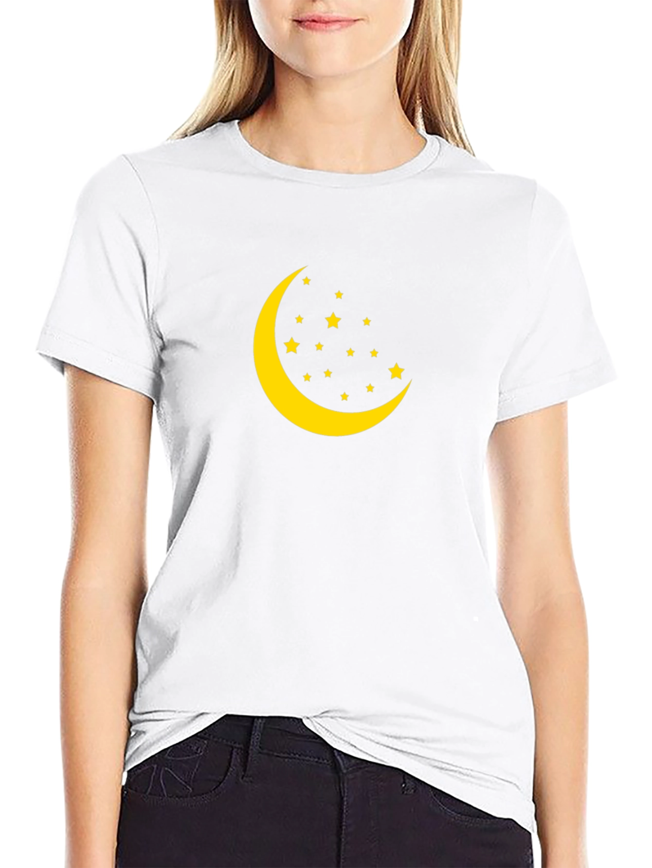 Crescent Moon and Stars Graphic Black T-Shirt