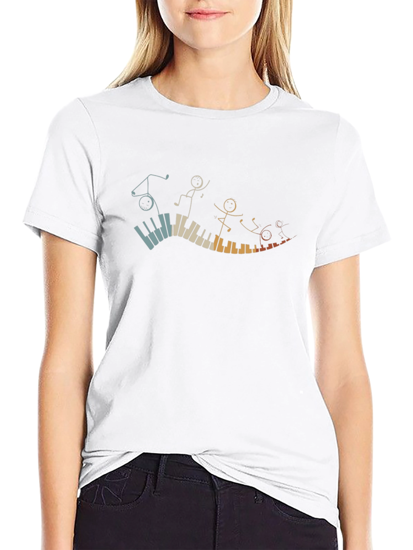 Musical Piano Stick Figures Black T-Shirt