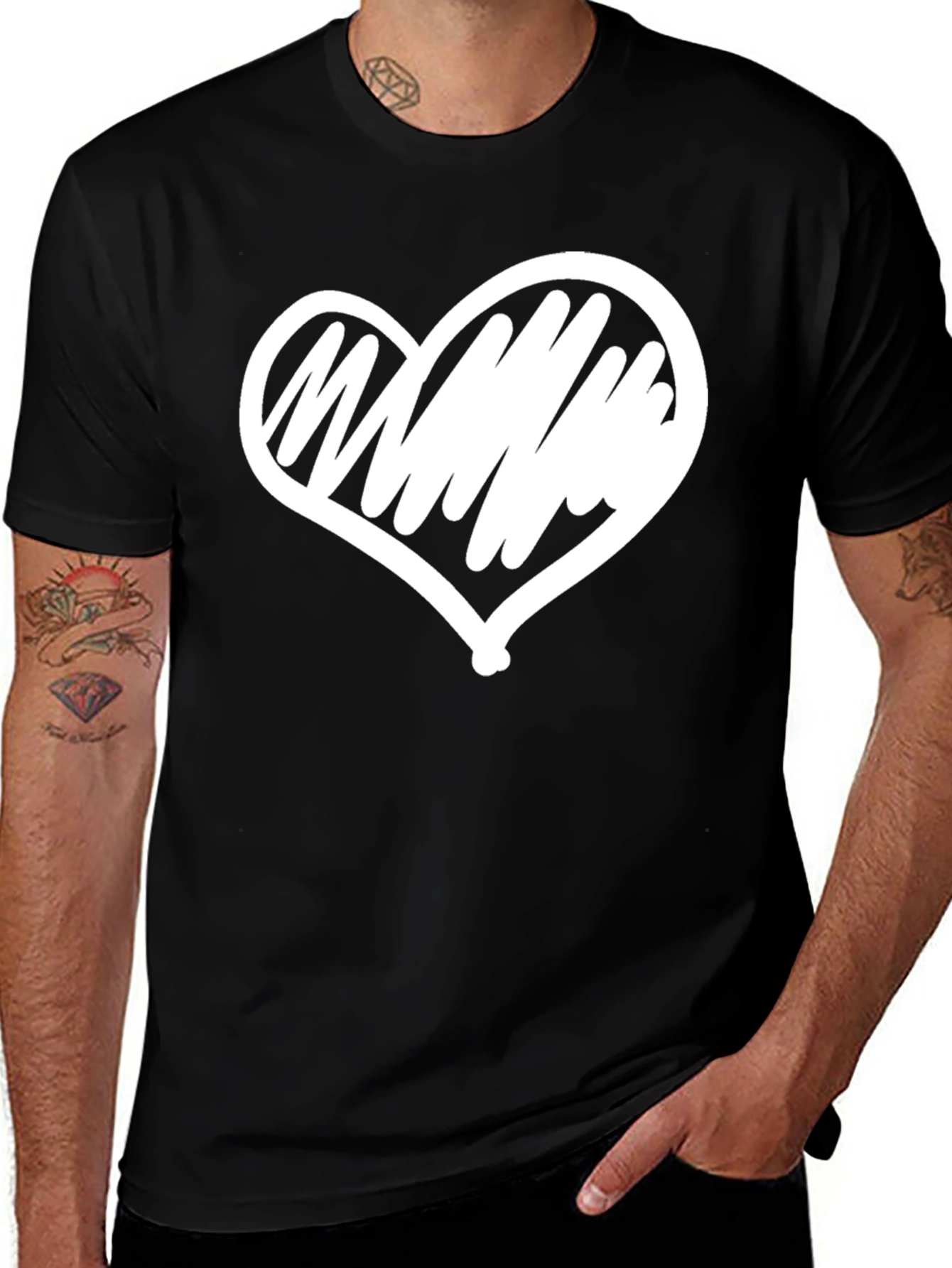 Black T-Shirt with White Heart Graphic