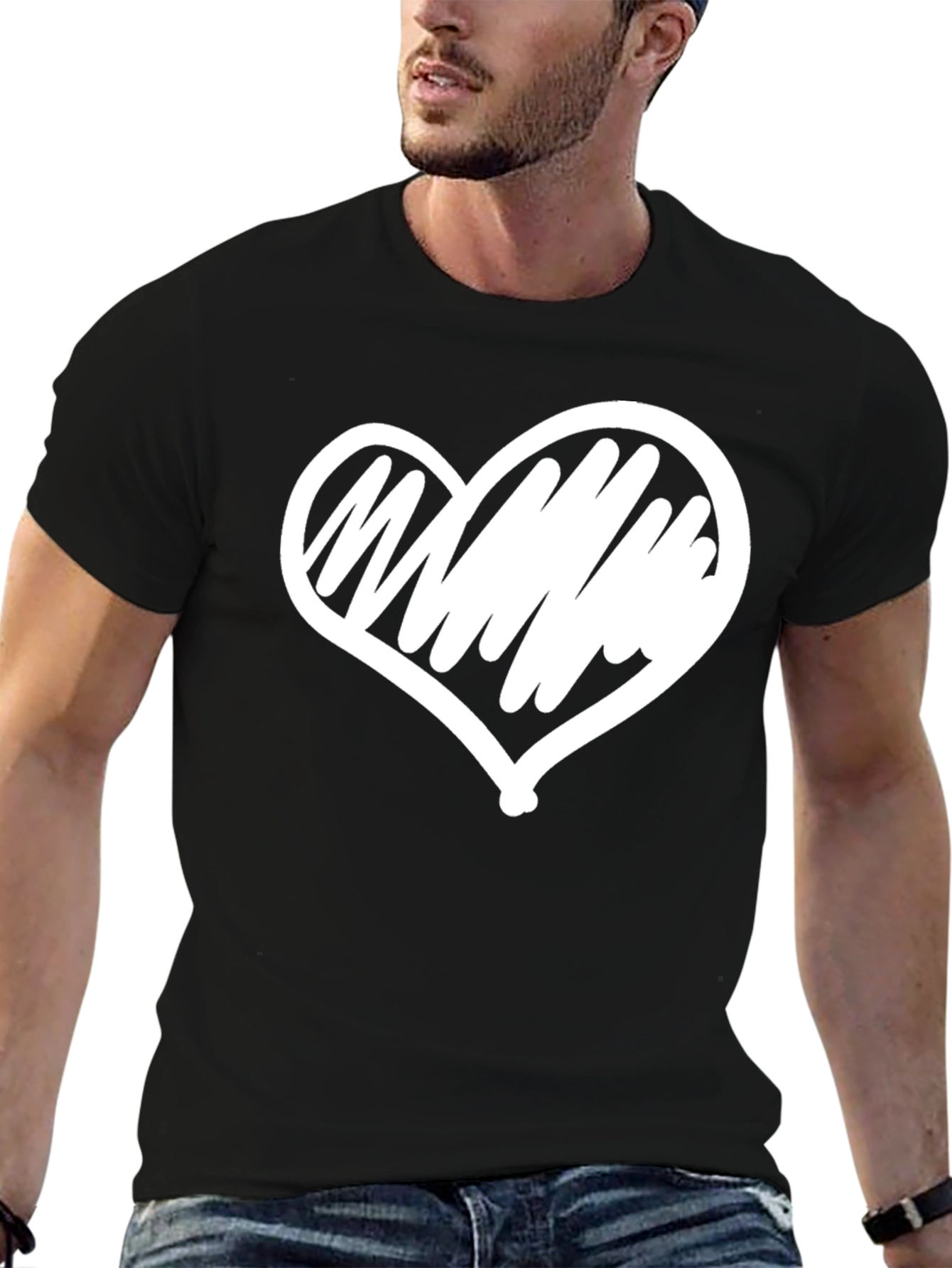 Black T-Shirt with White Heart Graphic