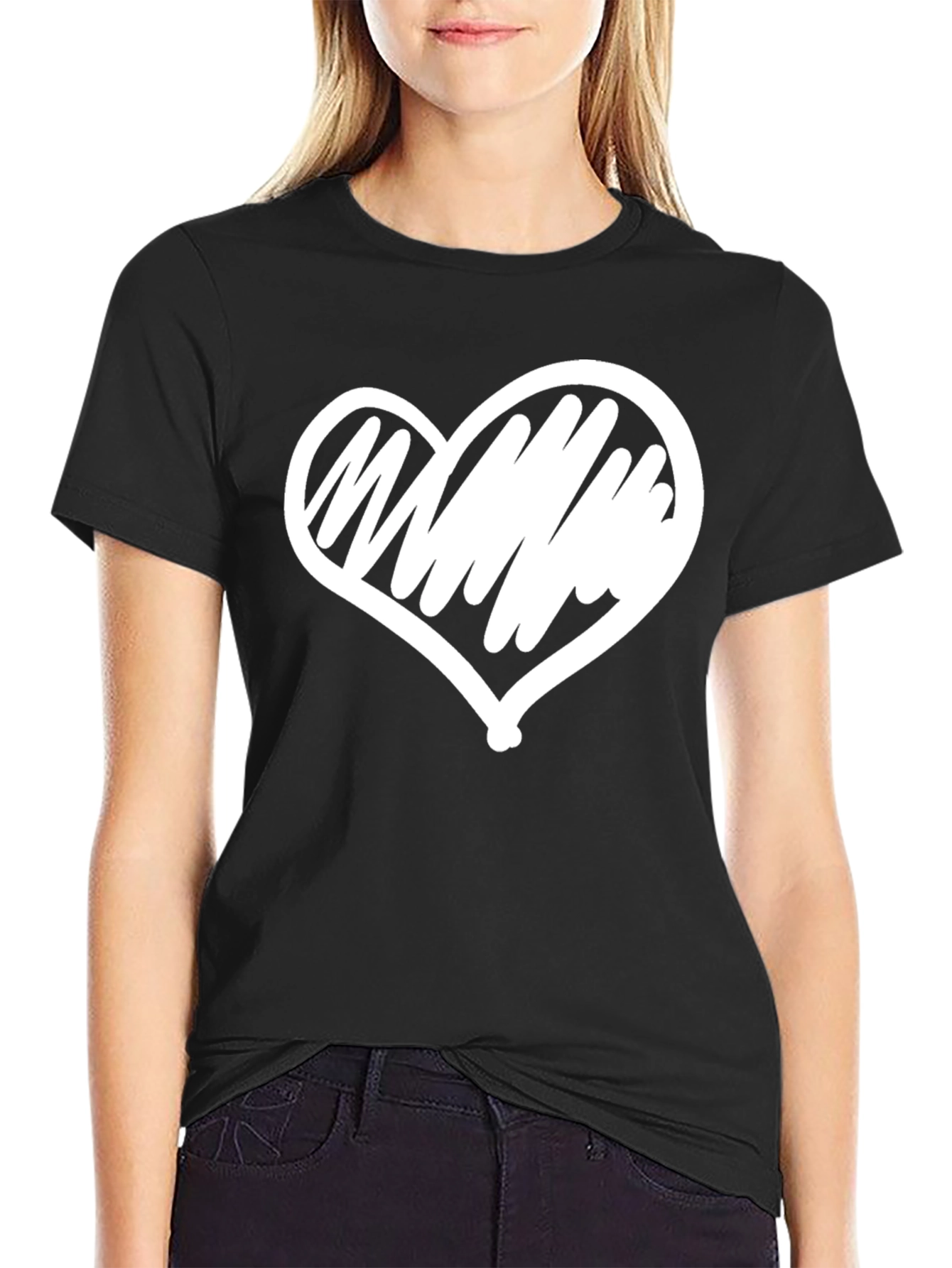 Black T-Shirt with White Heart Graphic
