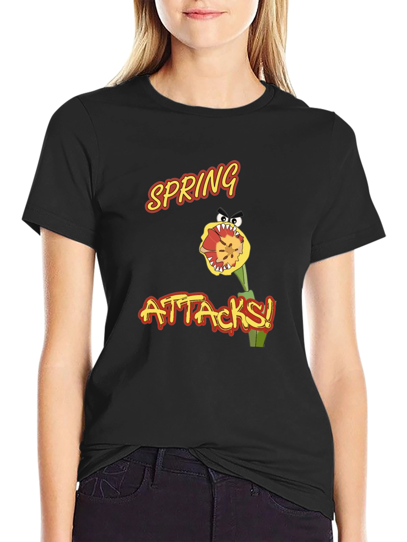 Spring Attacks! Graphic Print Black T-Shirt