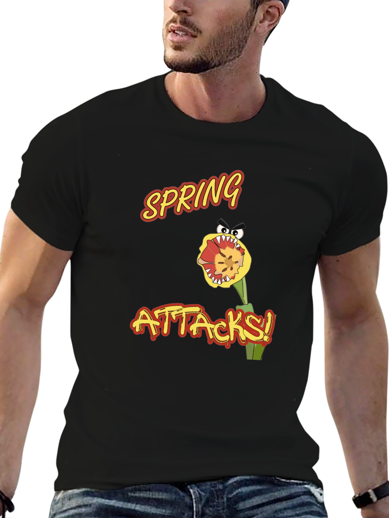 Spring Attacks! Graphic Print Black T-Shirt