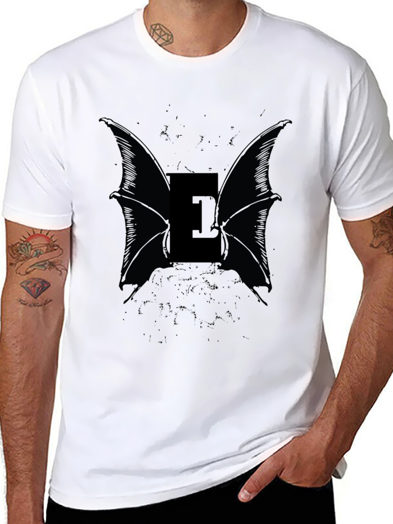 Eerie Bat Wing Letter E Black T-Shirt