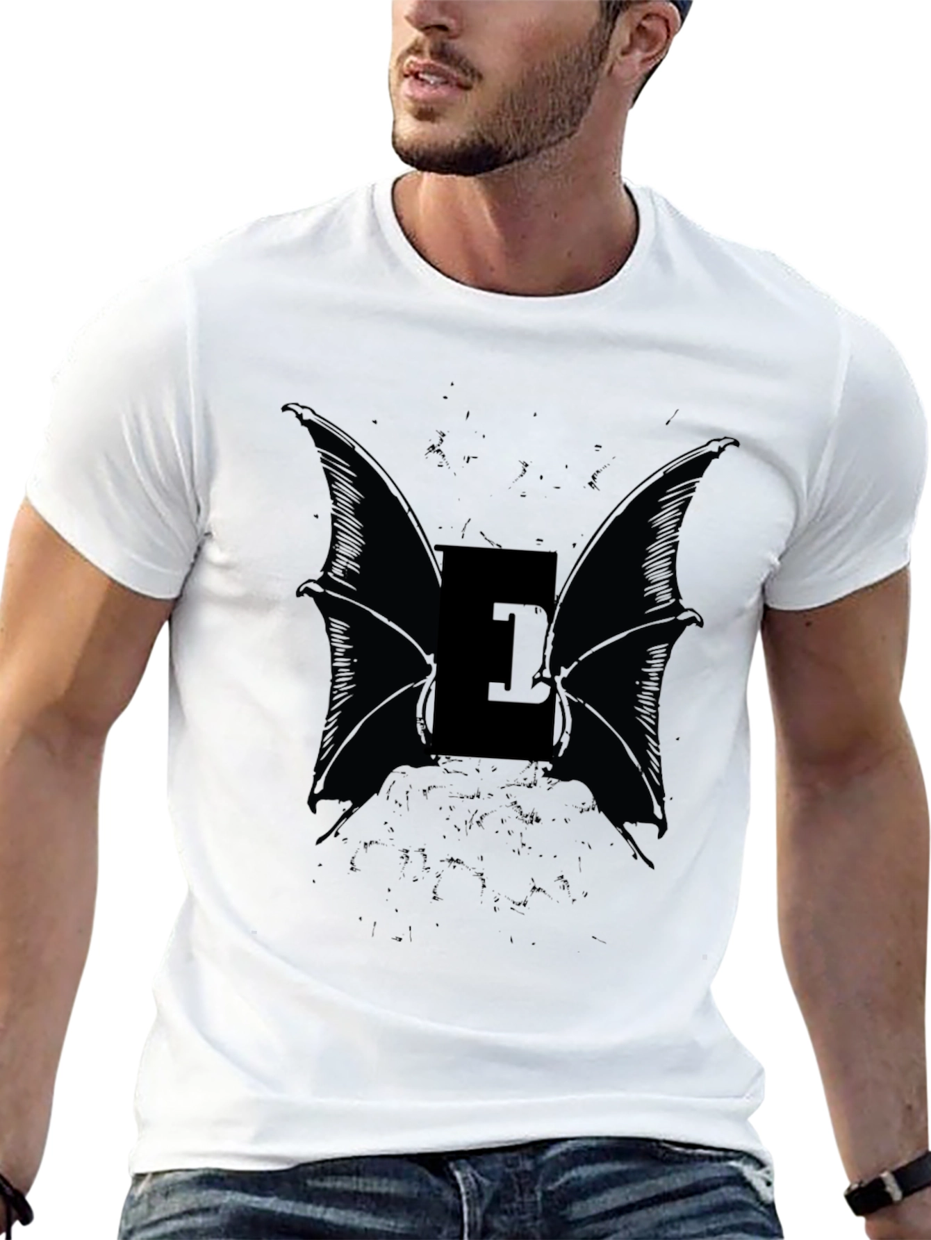 Eerie Bat Wing Letter E Black T-Shirt