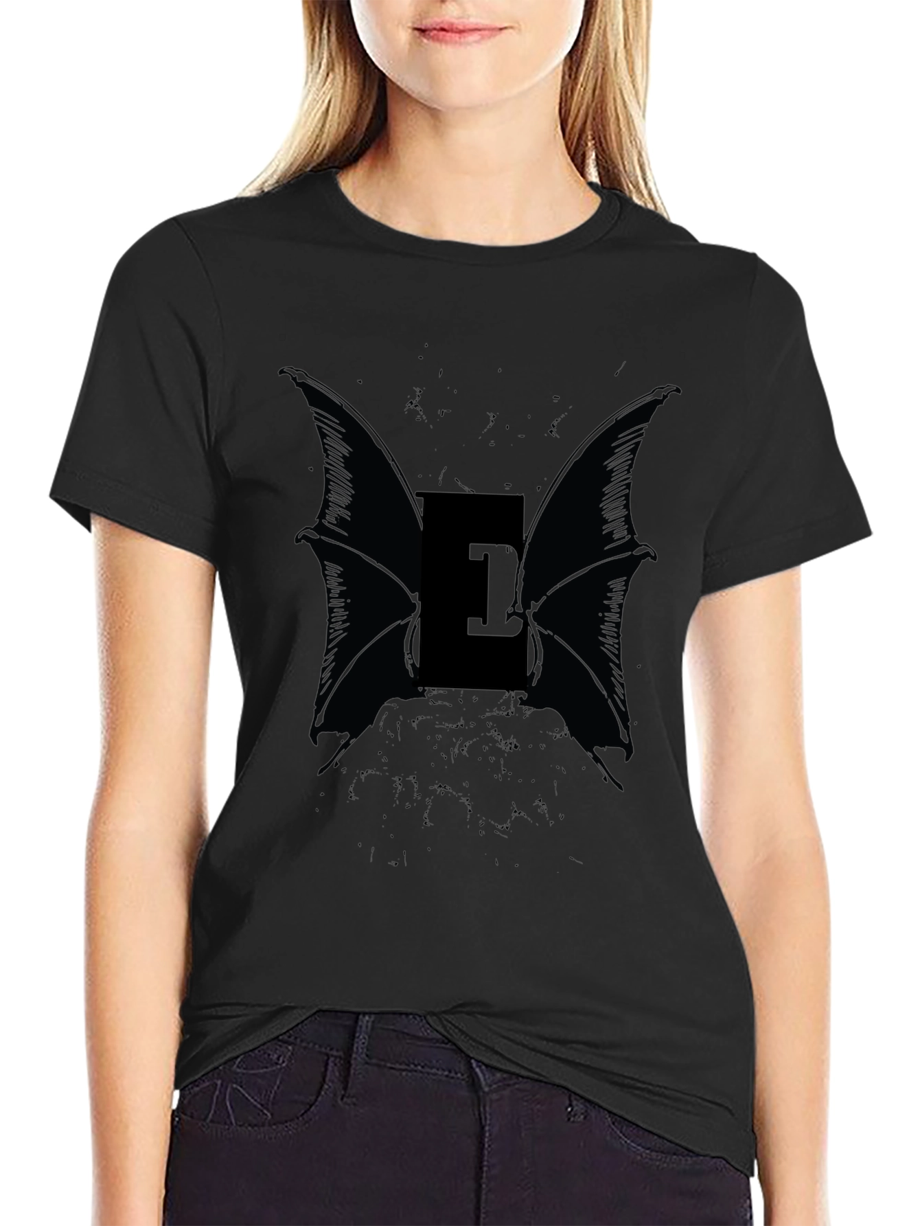 Eerie Bat Wing Letter E Black T-Shirt