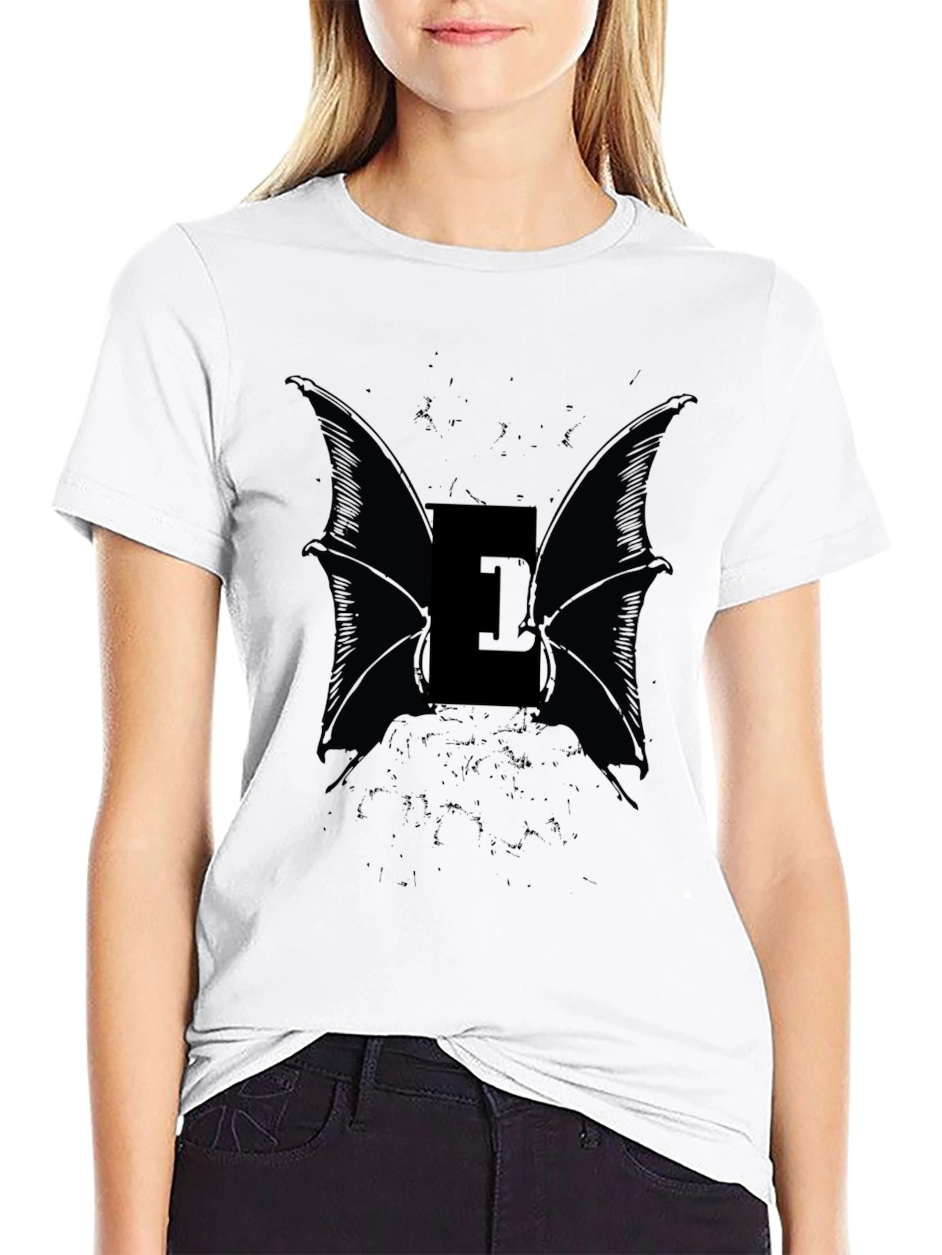Eerie Bat Wing Letter E Black T-Shirt