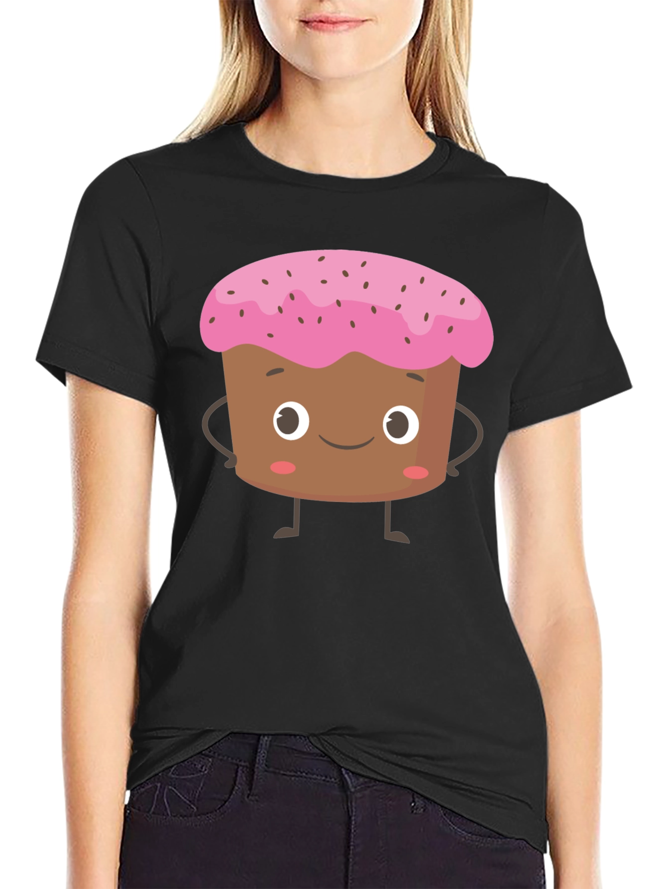 Cute Cartoon Cupcake Black T-Shirt