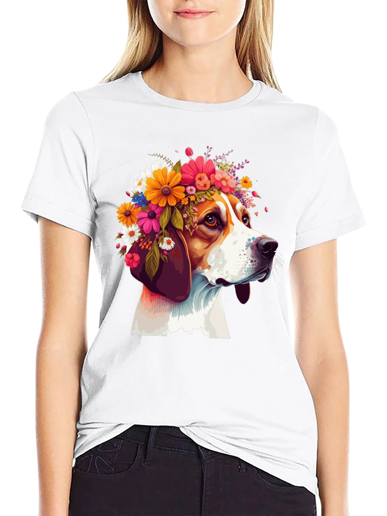 Dog with Floral Crown T-Shirt - Black