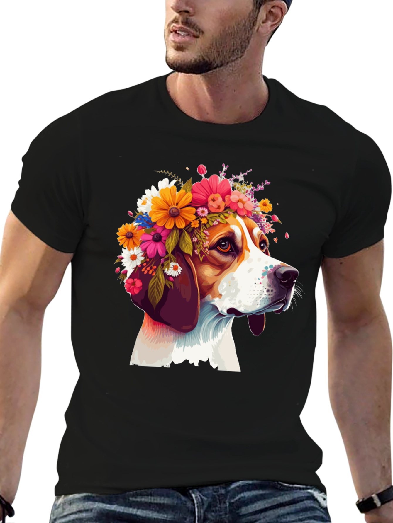 Dog with Floral Crown T-Shirt - Black