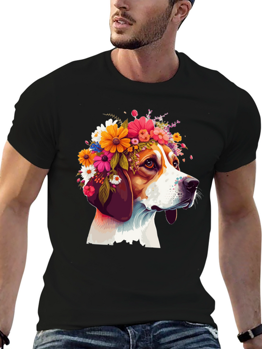 Dog with Floral Crown T-Shirt - Black