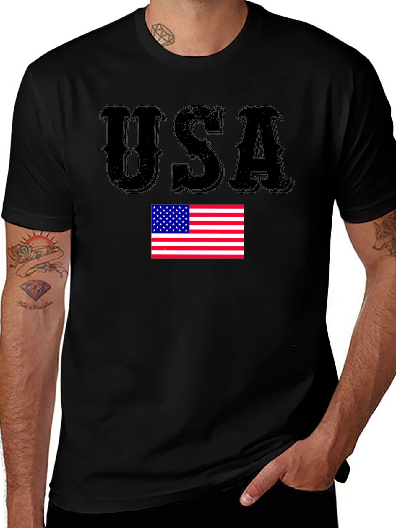 USA Flag Graphic Print Black T-Shirt