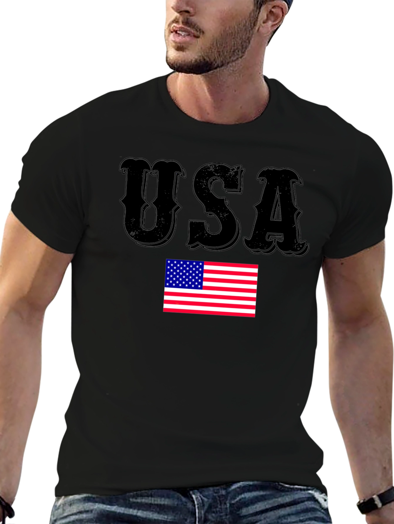 USA Flag Graphic Print Black T-Shirt