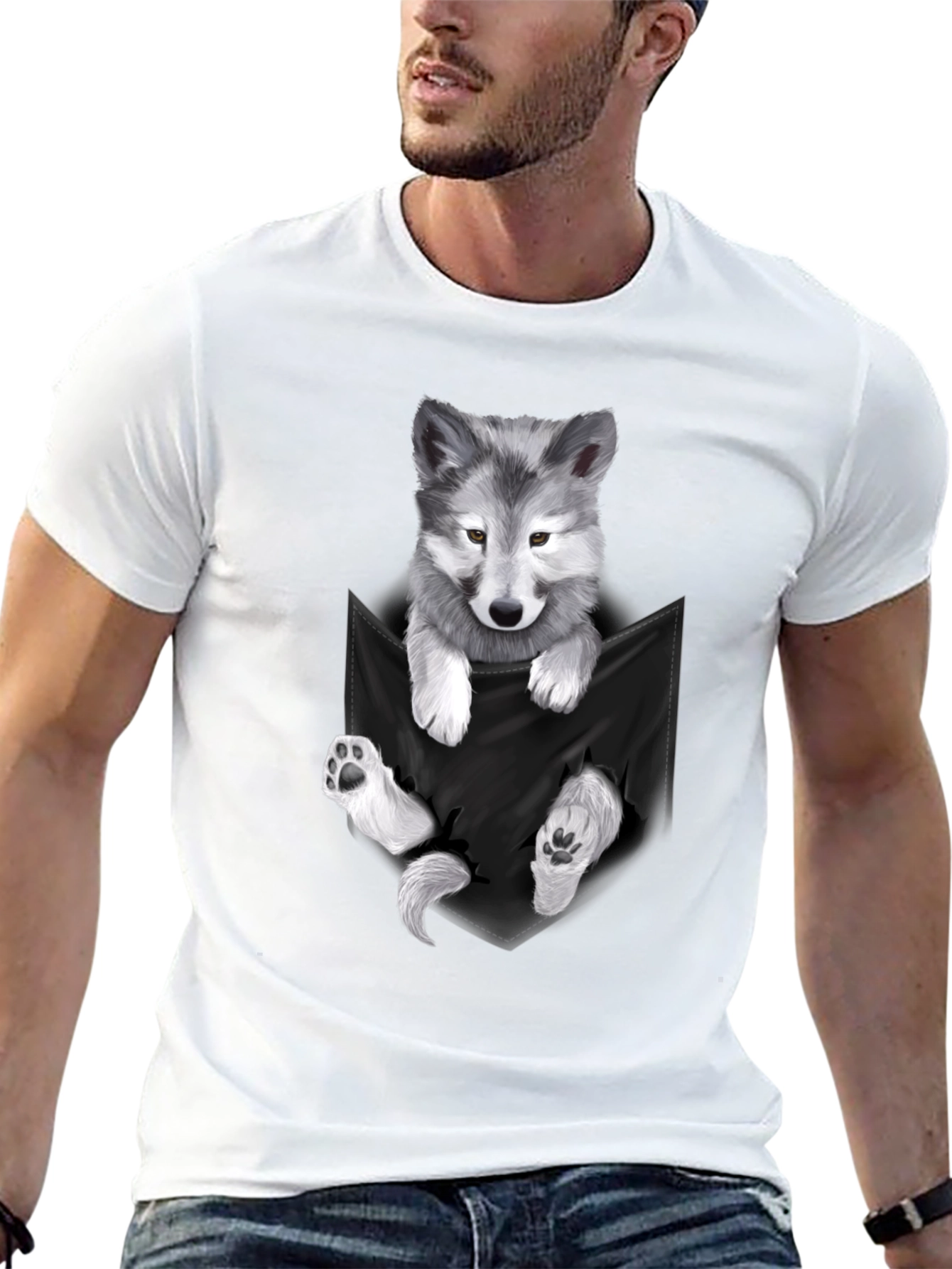 Wolf Pup Pocket Print T-Shirt - Black