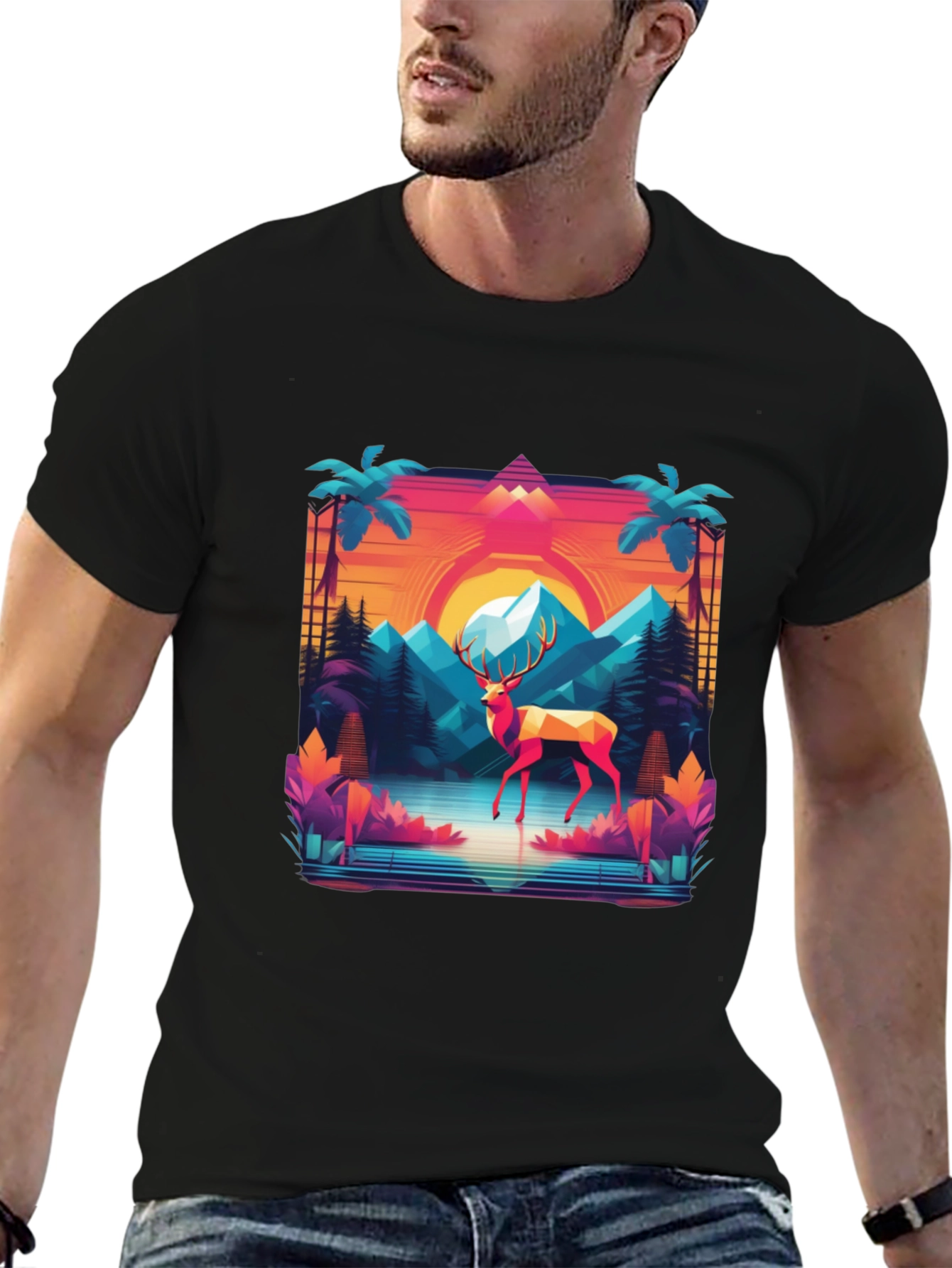 Retro Deer Graphic Tee - Synthwave Style