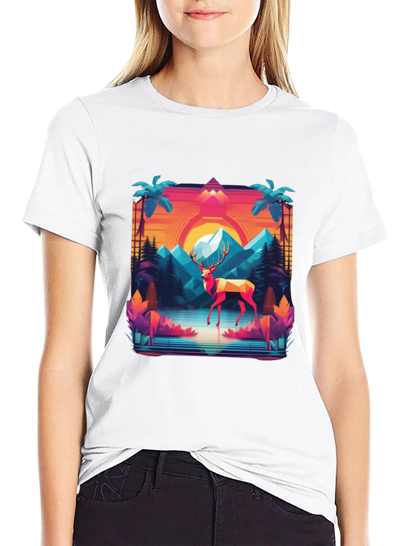 Retro Deer Graphic Tee - Synthwave Style
