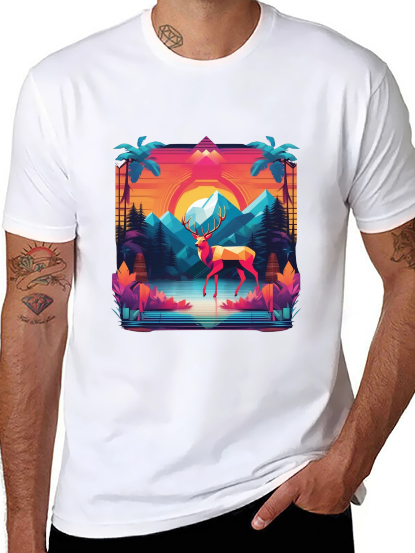 Retro Deer Graphic Tee - Synthwave Style