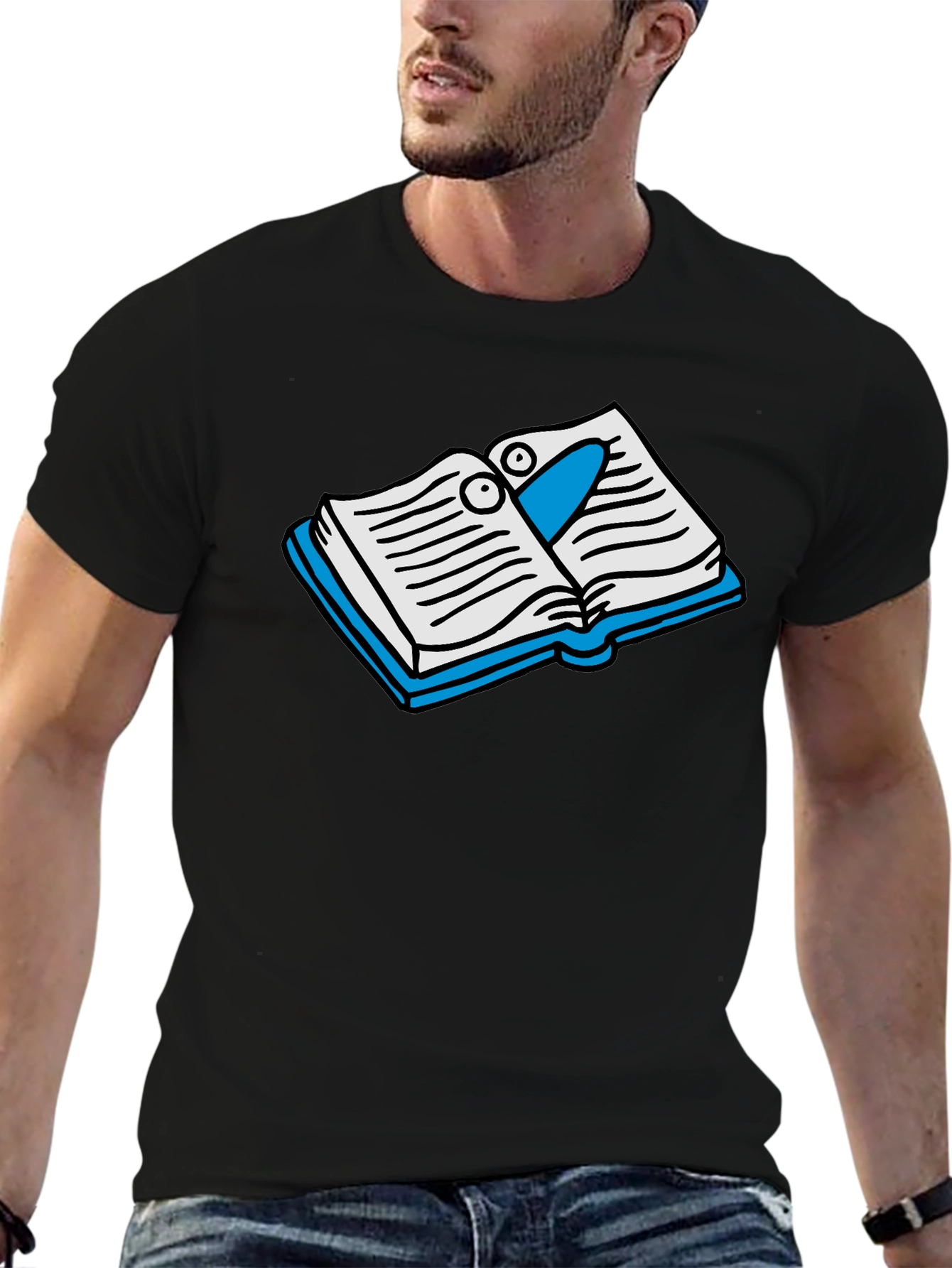 Cartoon Bookworm Black T-Shirt