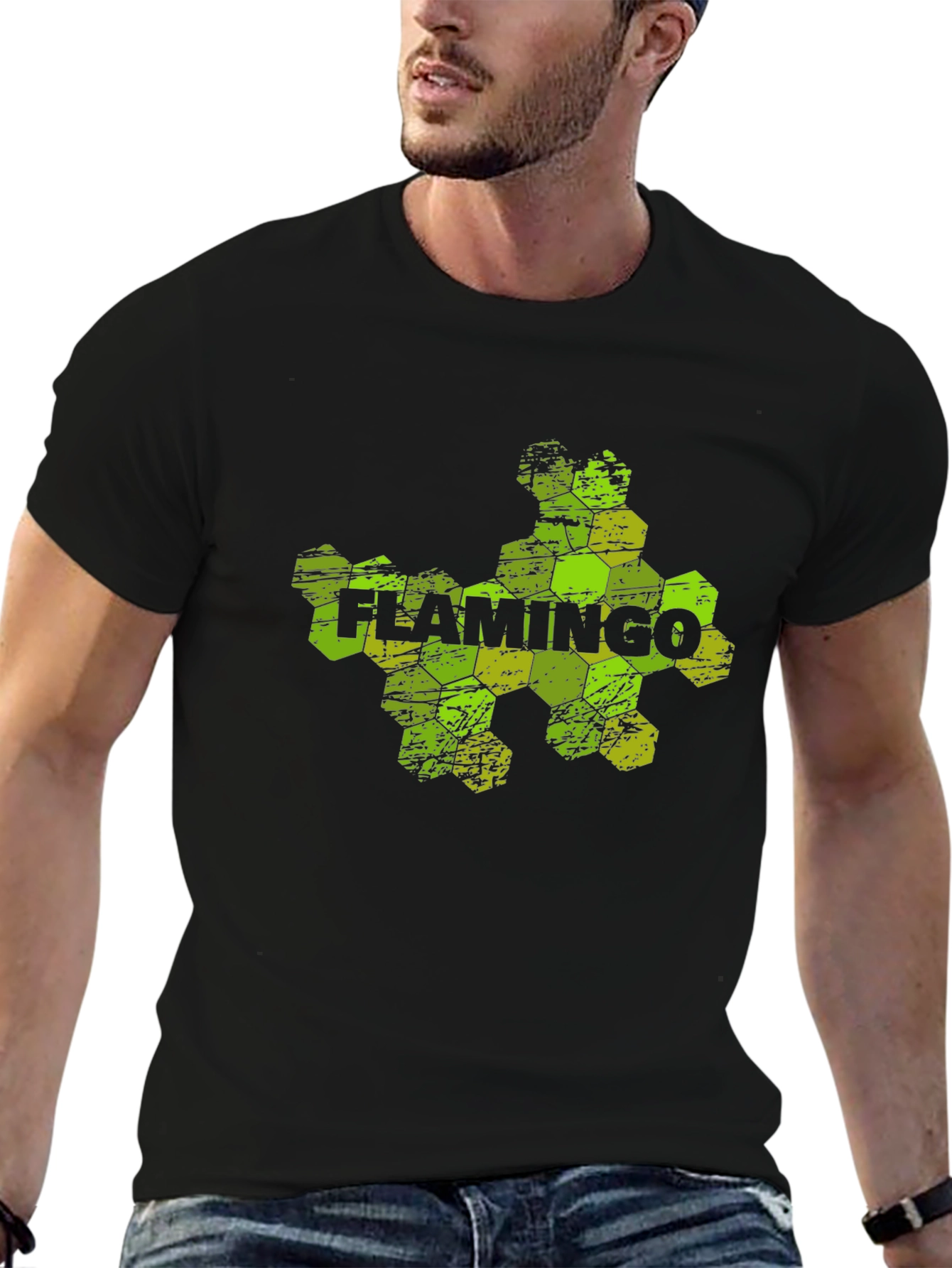 Flamingo Hexagon Graphic Black T-Shirt