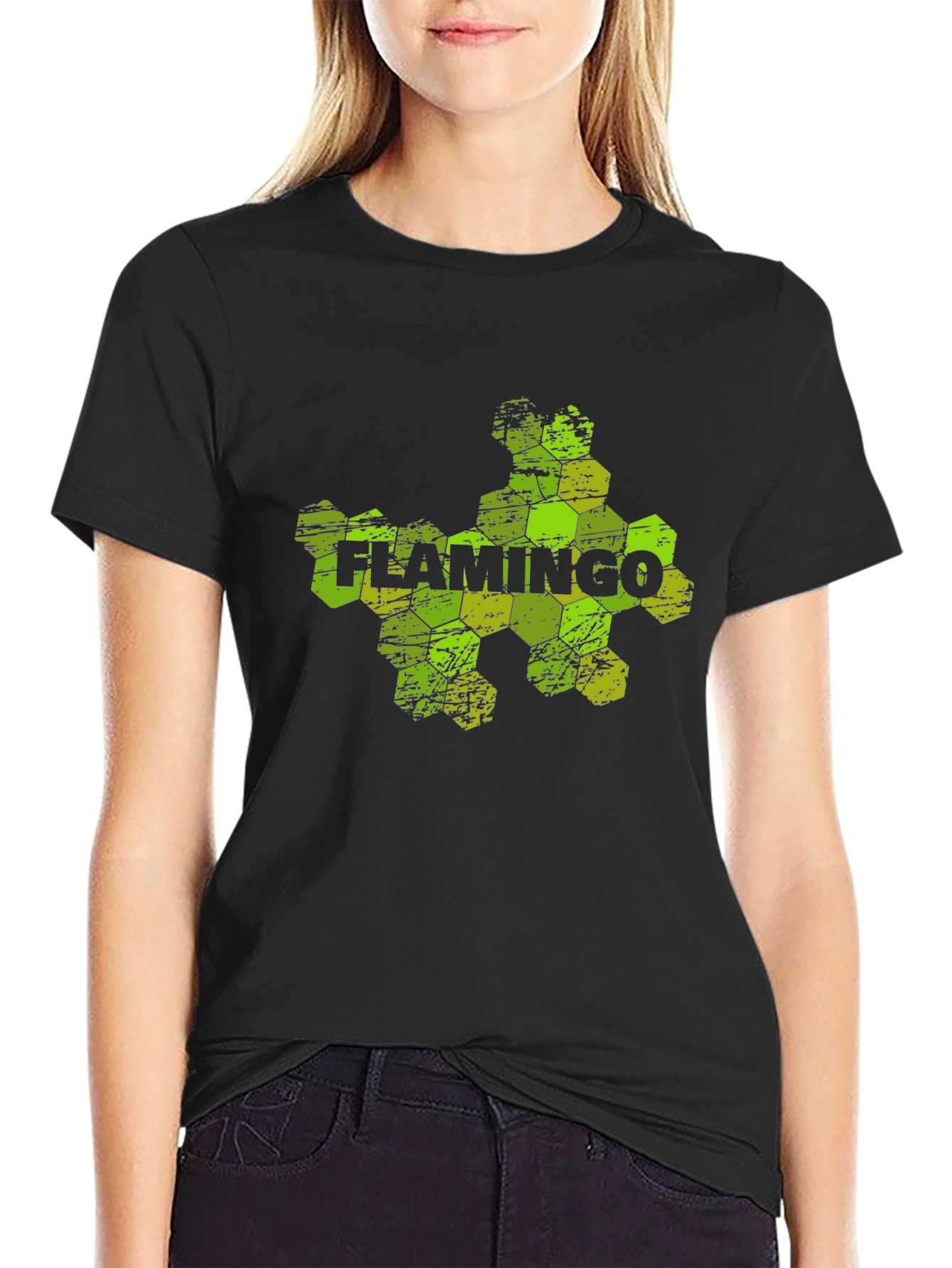 Flamingo Hexagon Graphic Black T-Shirt