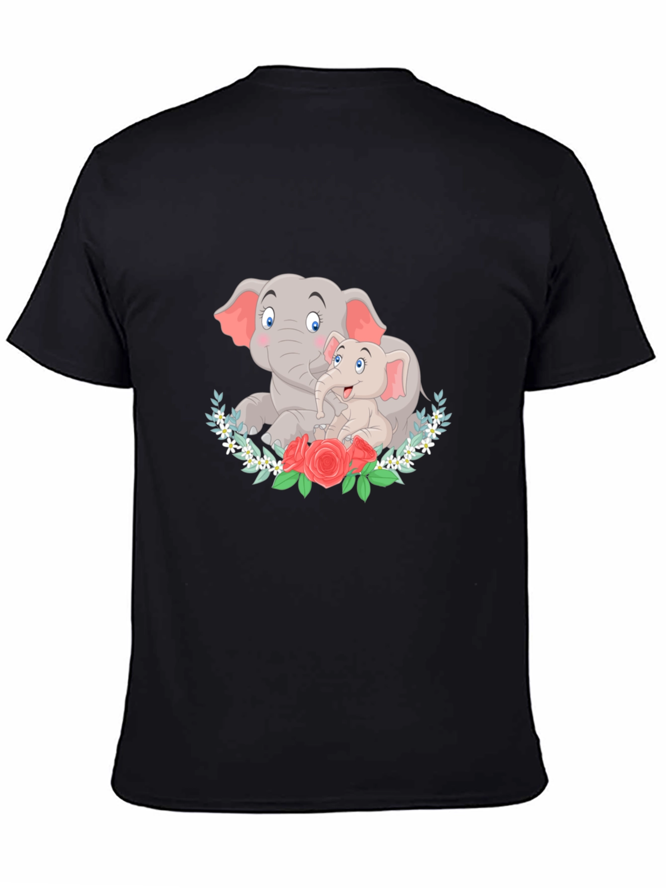 Elephant Mom and Baby Graphic Black T-Shirt
