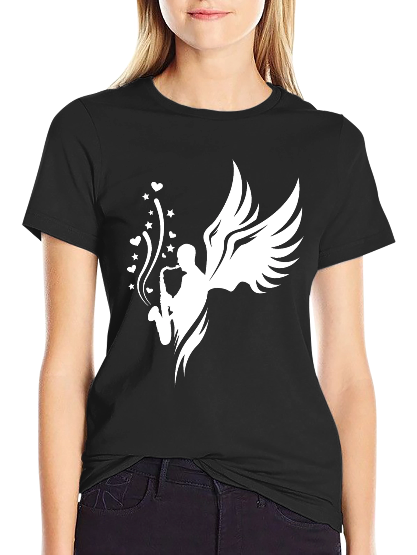 Saxophone Angel Graphic Tee - Black Cotton T-Shirt
