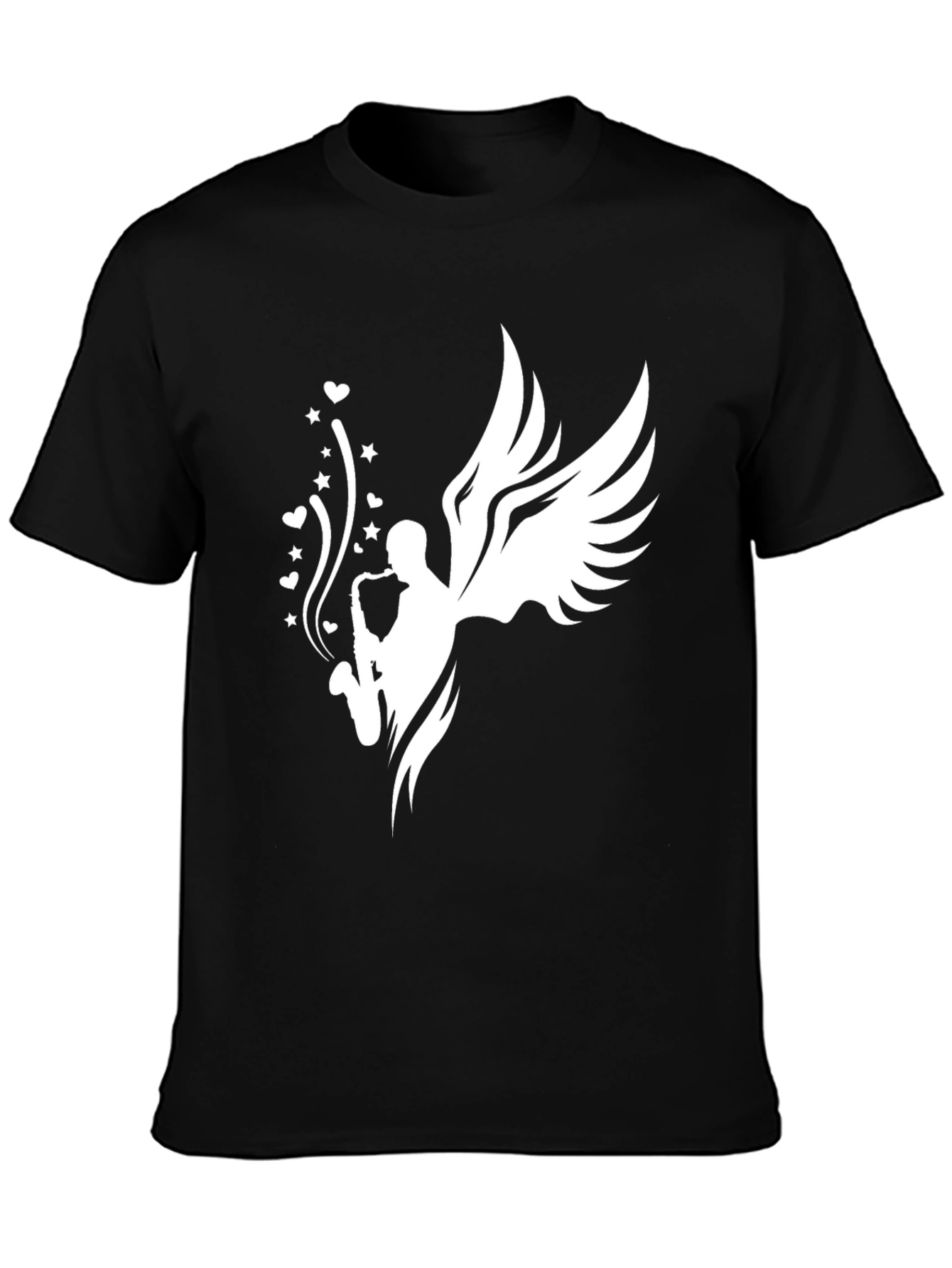 Saxophone Angel Graphic Tee - Black Cotton T-Shirt