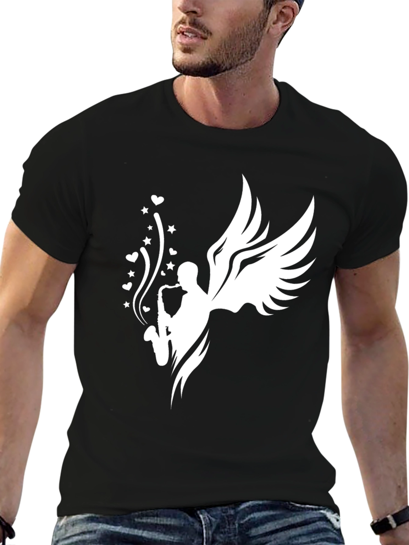 Saxophone Angel Graphic Tee - Black Cotton T-Shirt