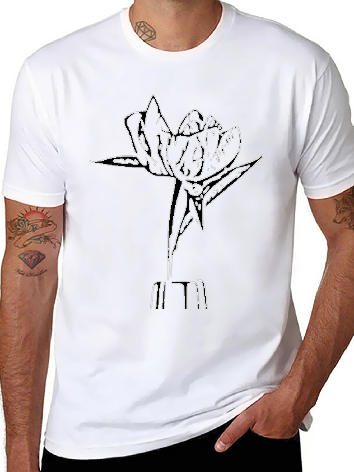 Minimalist Flower Outline Black T-Shirt