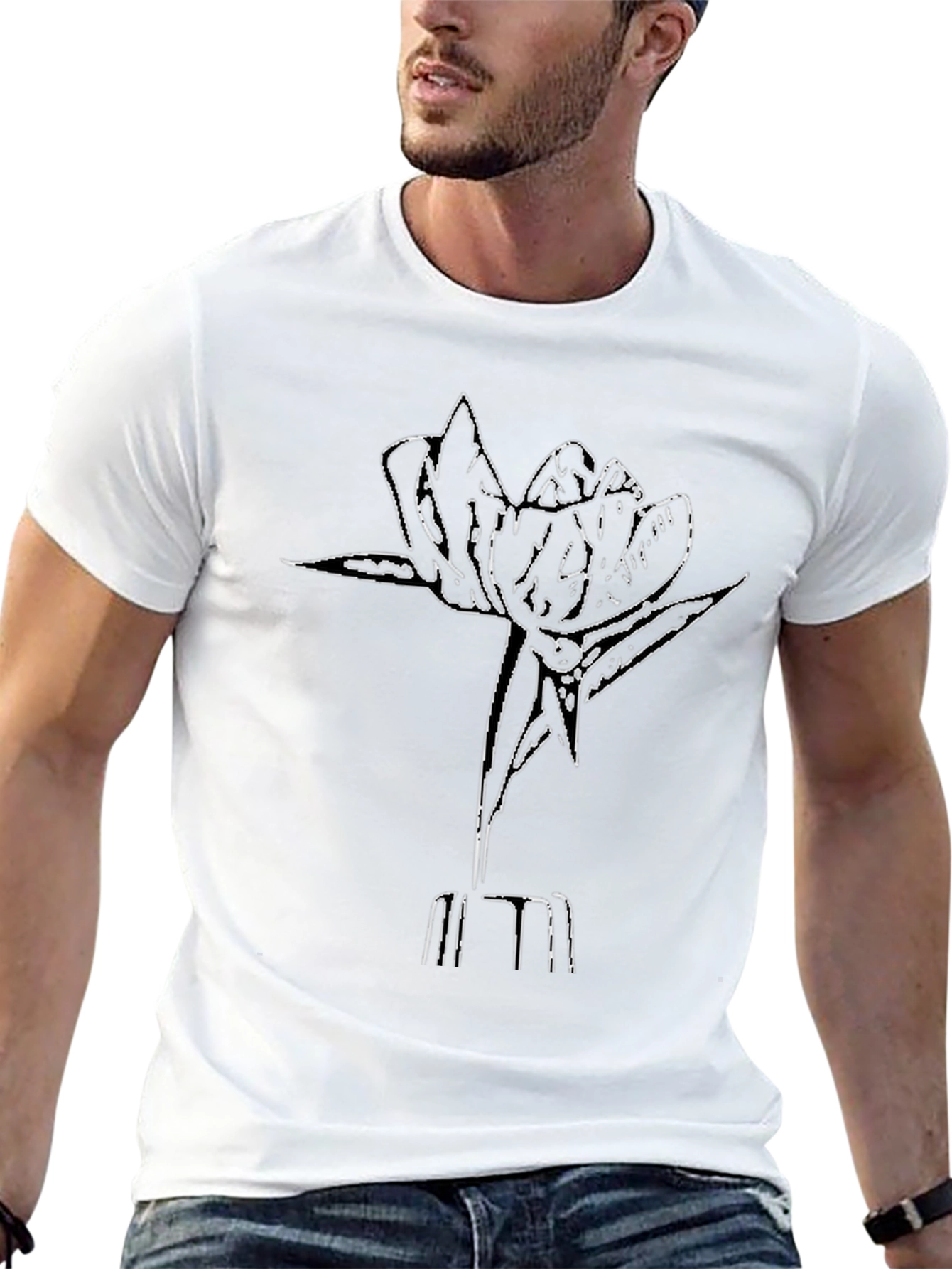 Minimalist Flower Outline Black T-Shirt