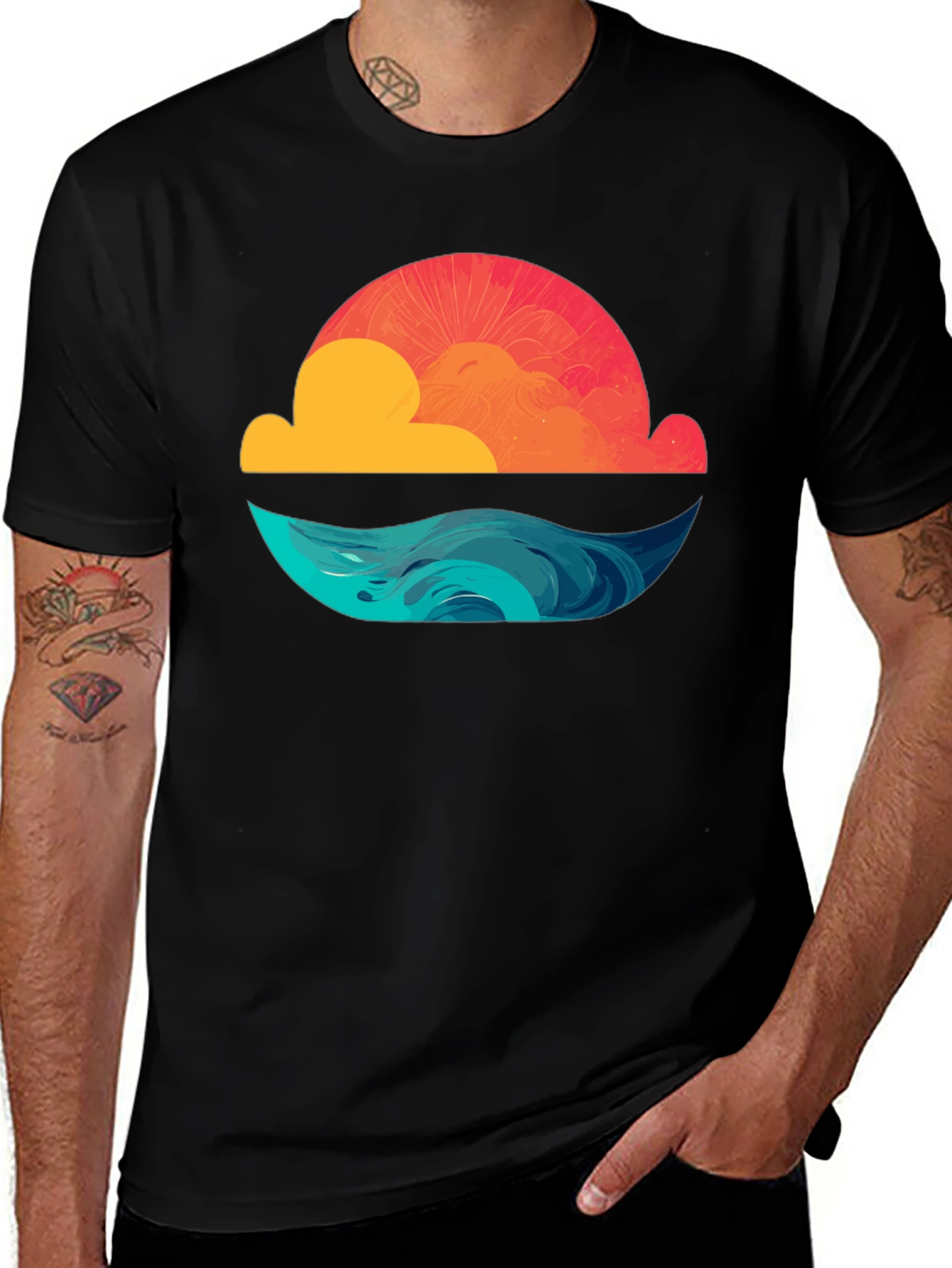 Sunset Waves Graphic Tee - Black Cotton T-Shirt