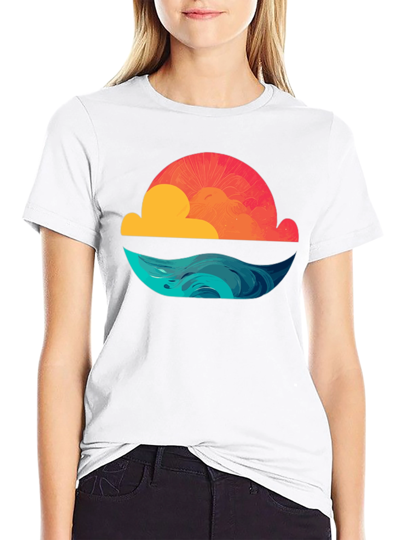 Sunset Waves Graphic Tee - Black Cotton T-Shirt