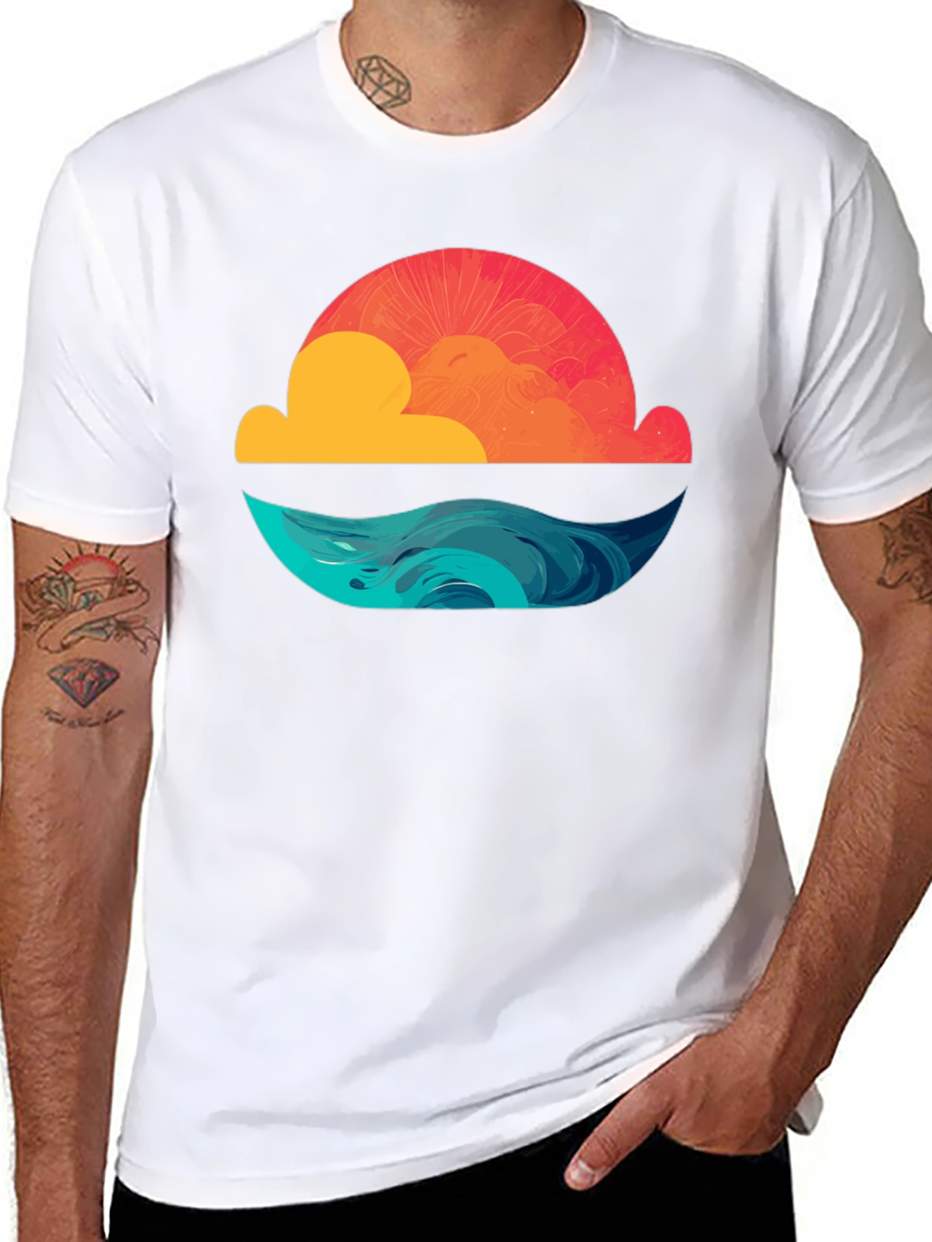 Sunset Waves Graphic Tee - Black Cotton T-Shirt