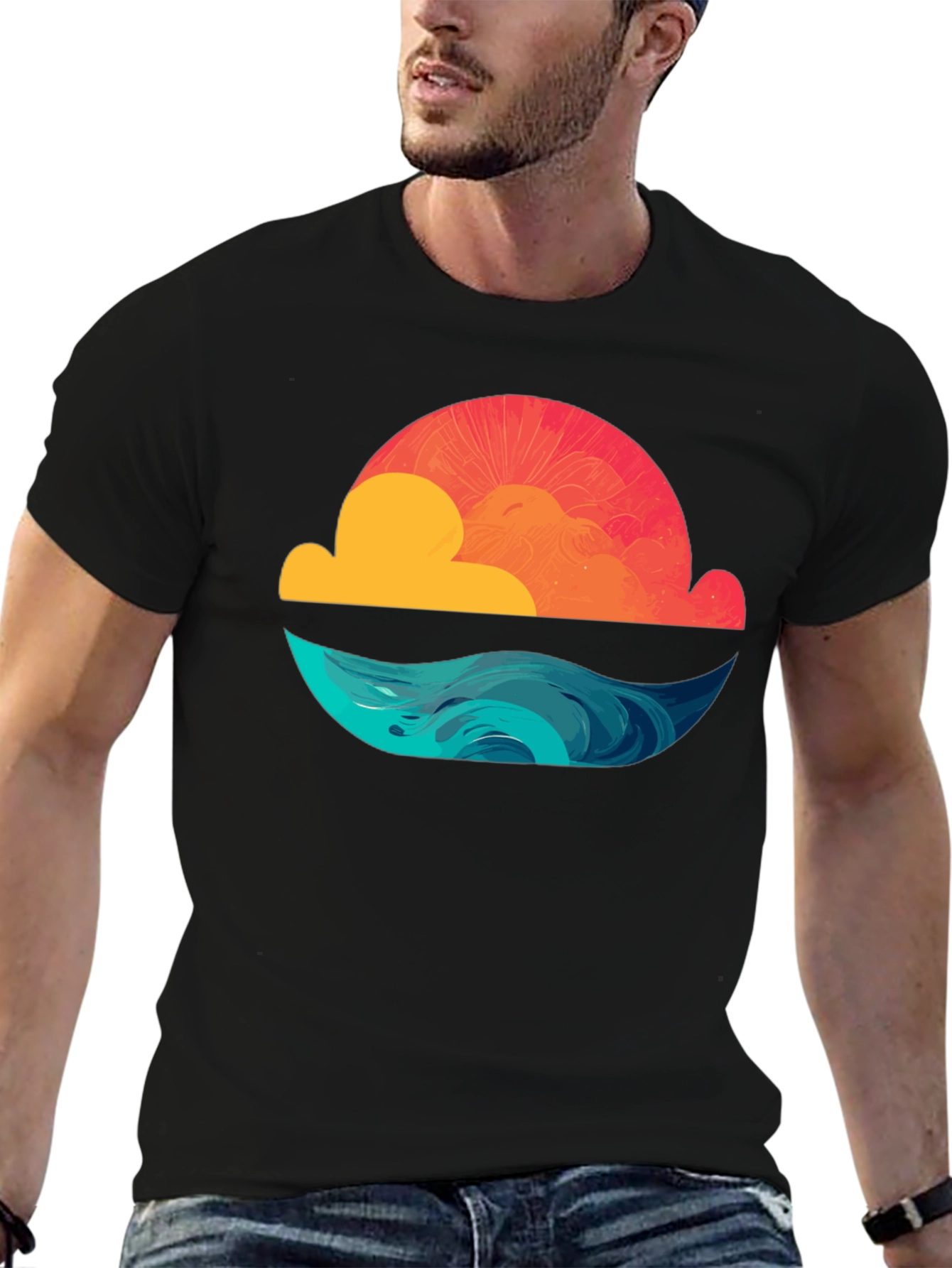 Sunset Waves Graphic Tee - Black Cotton T-Shirt