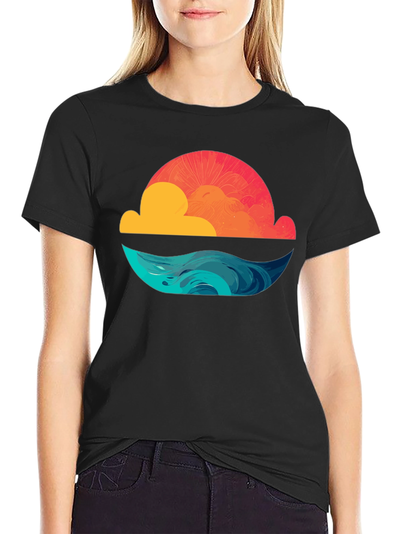 Sunset Waves Graphic Tee - Black Cotton T-Shirt