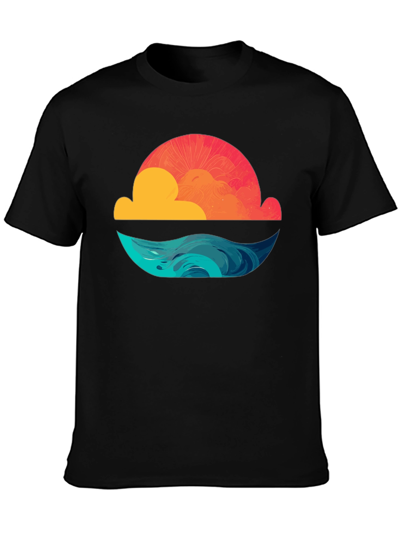 Sunset Waves Graphic Tee - Black Cotton T-Shirt