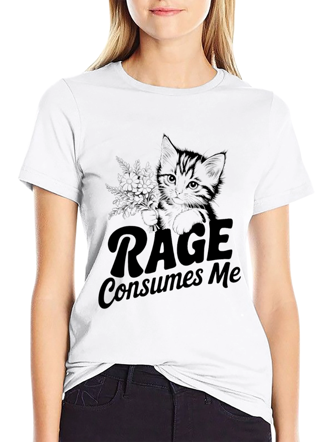 Rage Consumes Me Black T-Shirt with Kitten Graphic