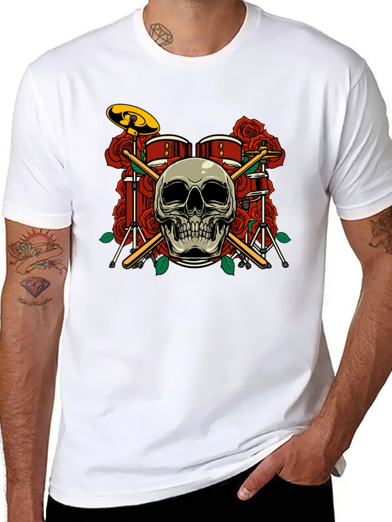 Skull Drum Set Roses Graphic Tee