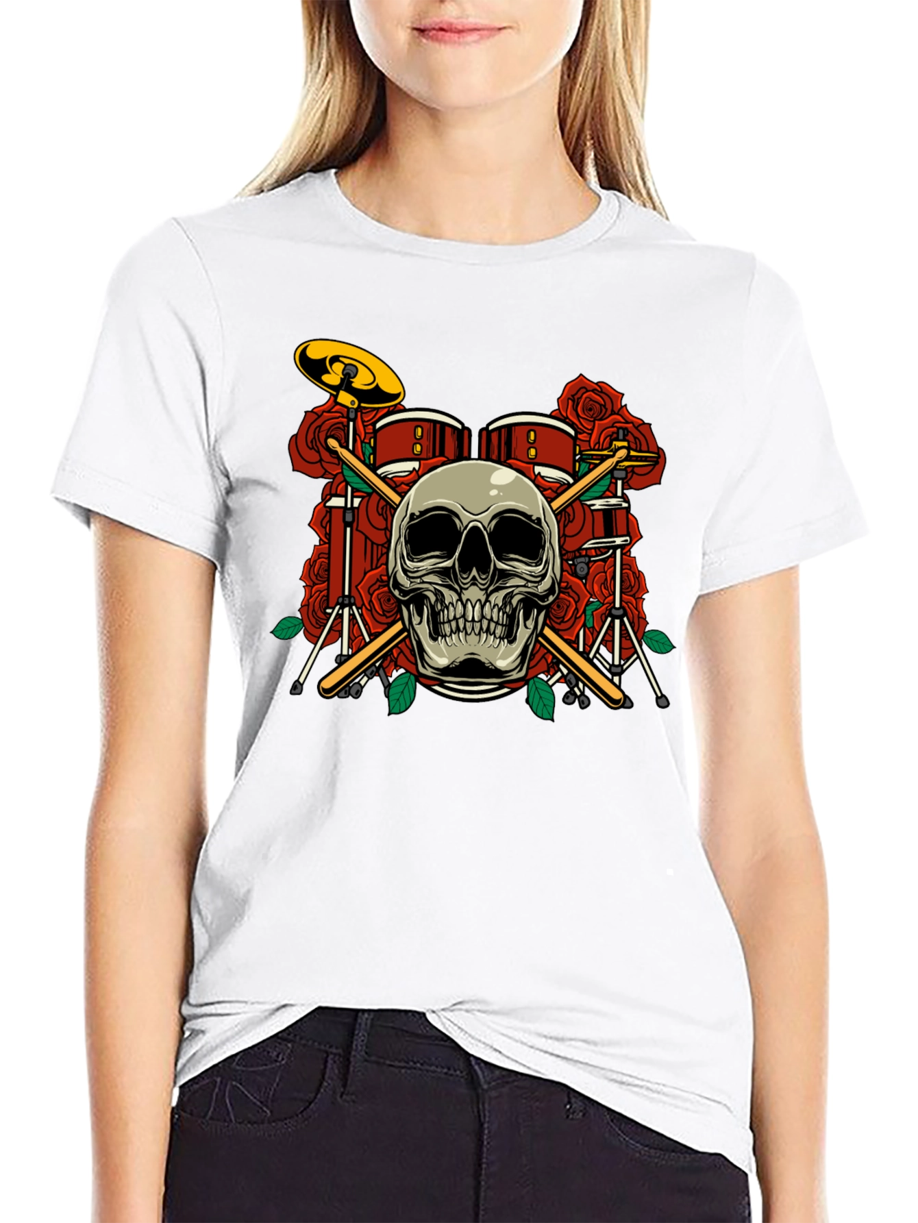Skull Drum Set Roses Graphic Tee