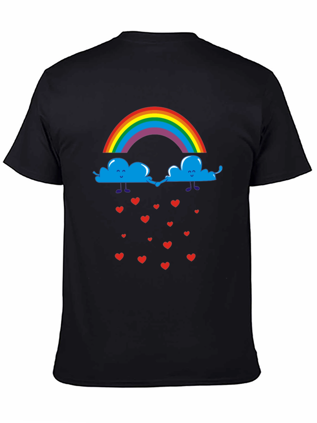 Rainbow Clouds & Hearts Black Graphic T-Shirt