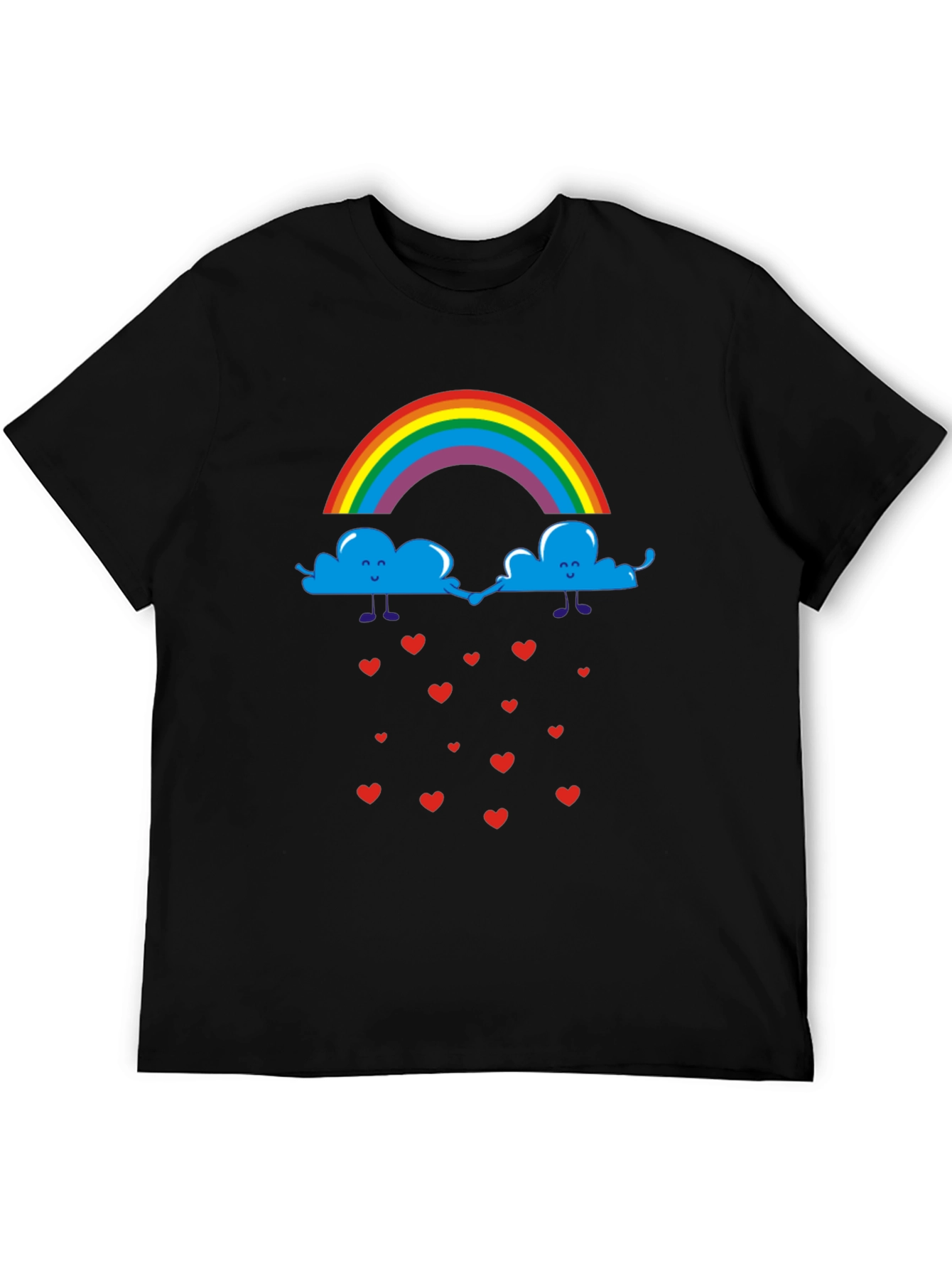 Rainbow Clouds & Hearts Black Graphic T-Shirt