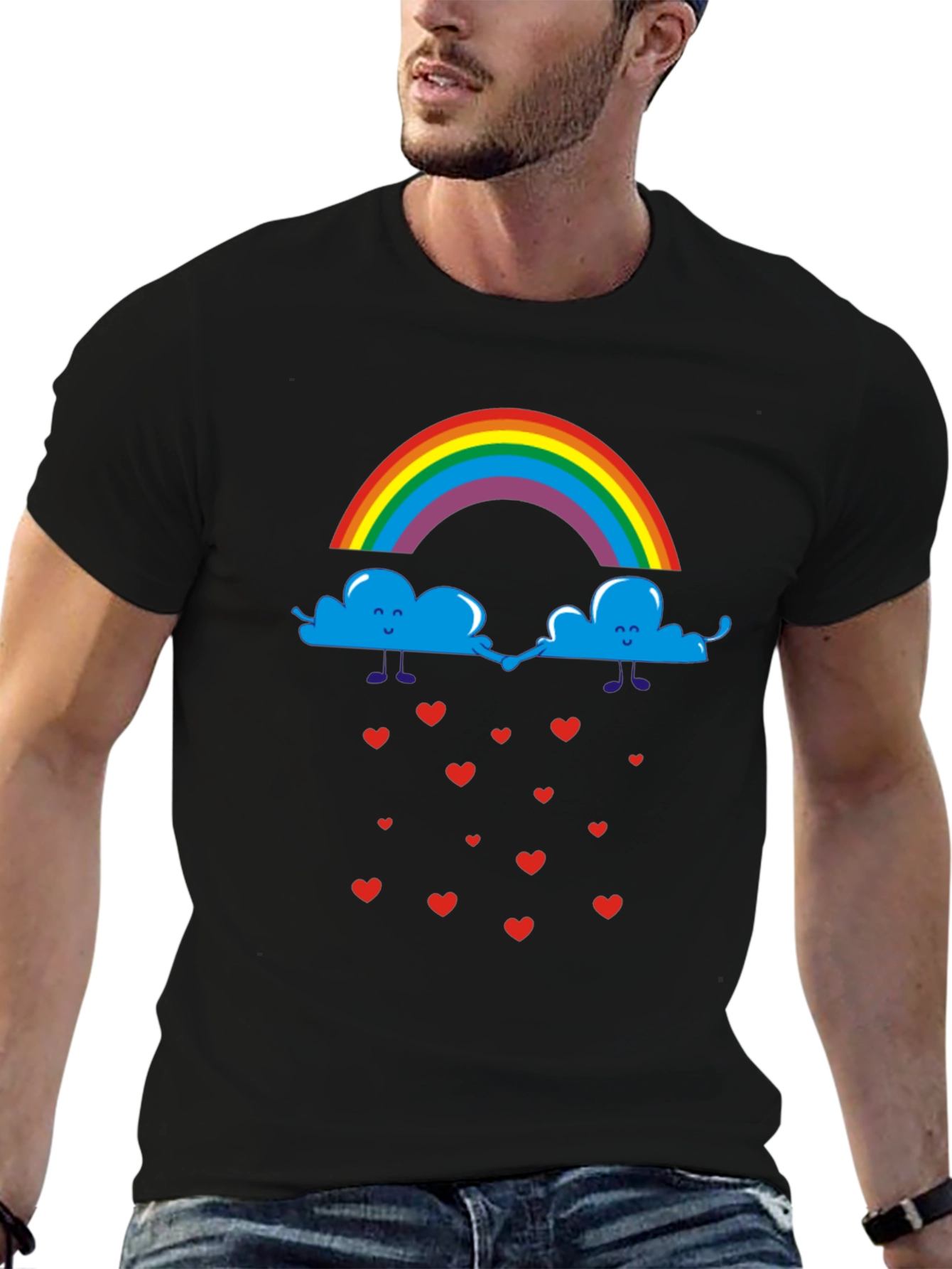 Rainbow Clouds & Hearts Black Graphic T-Shirt
